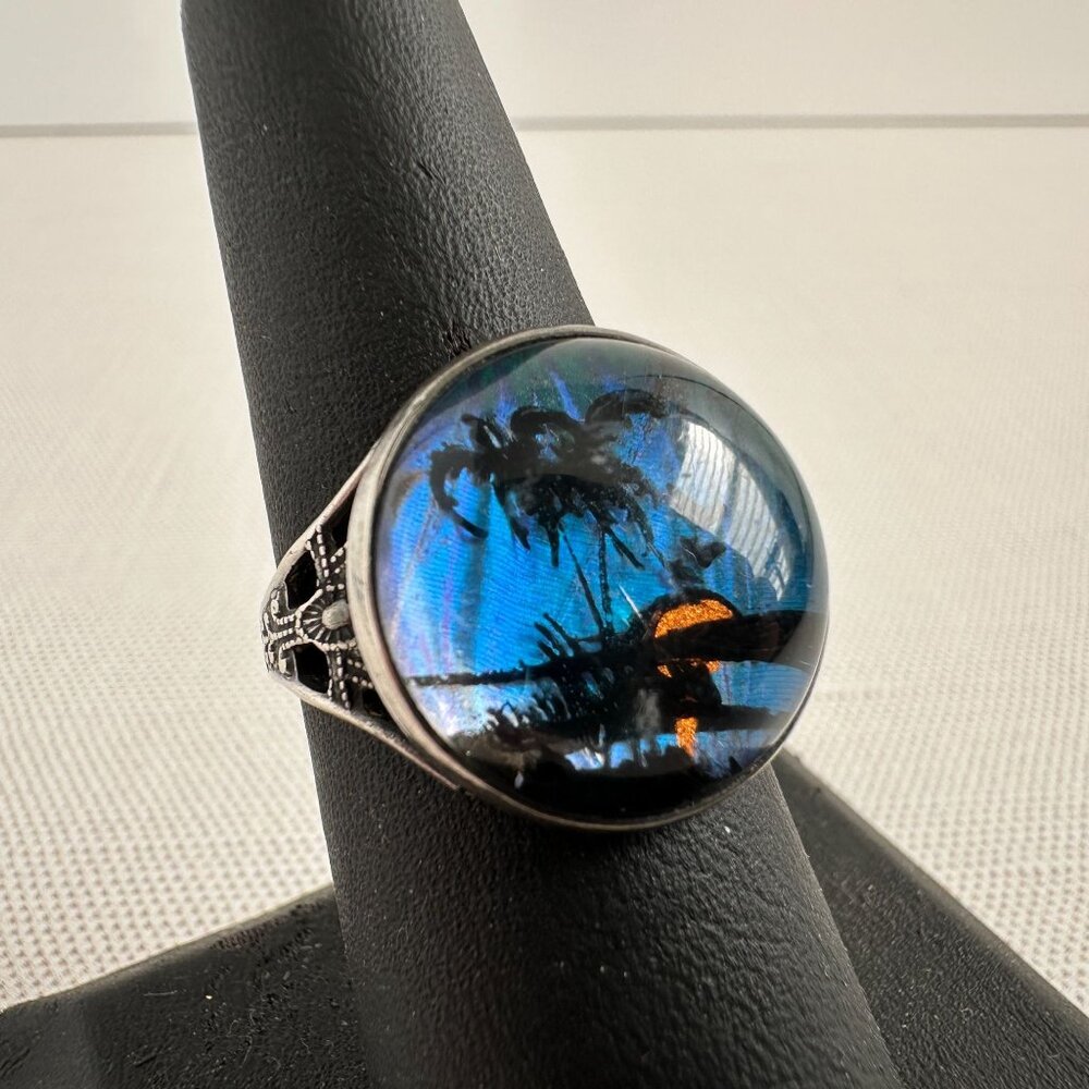Art Deco Hoffman Sterling Butterfly Wing Ring, Scenic Convex Glass Size 8.5 - Picture 4 of 7